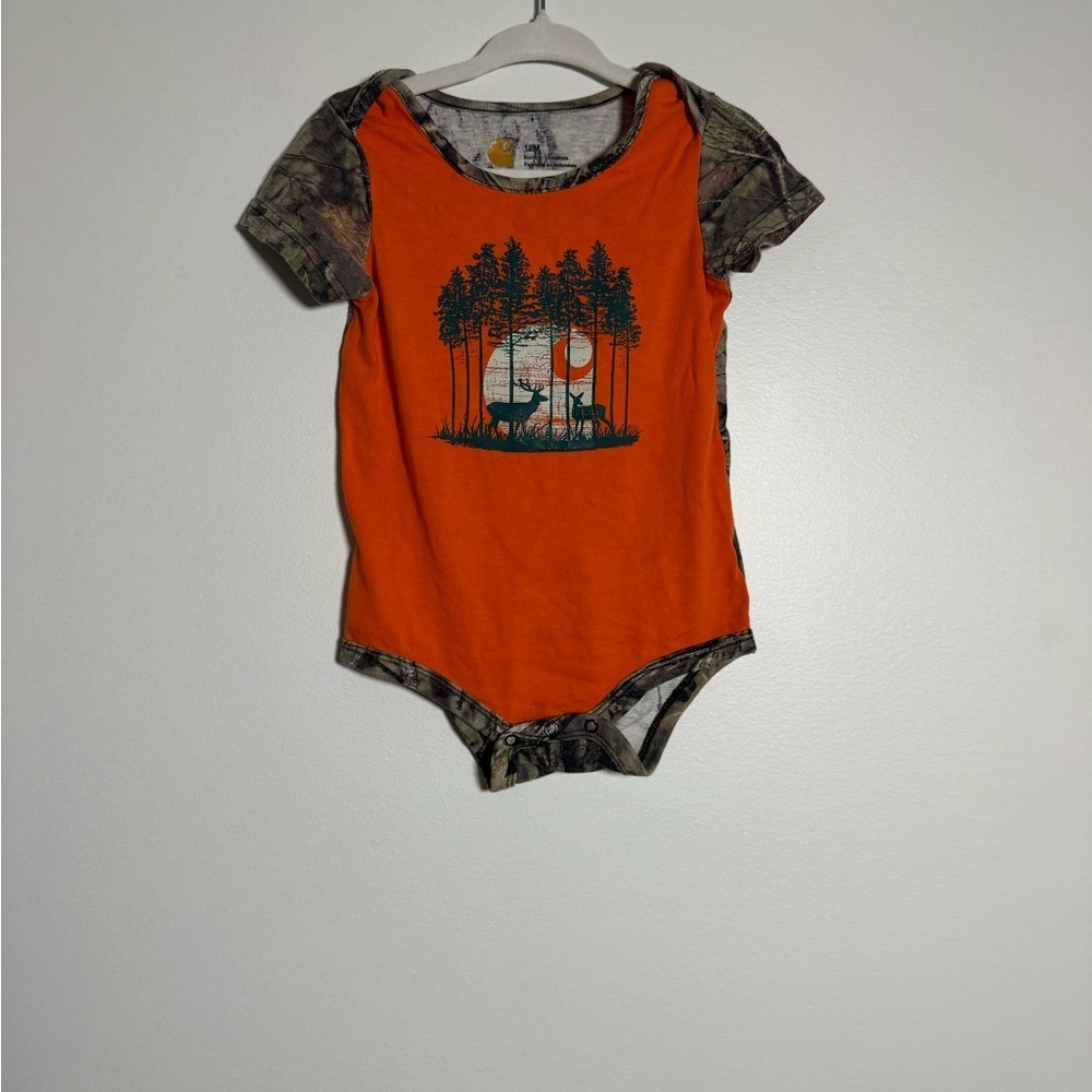 Carhartt 12 Month Baby Onesie Camo Orange Deer Graphic Short Sleeve Bodysuit